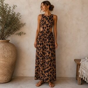 Miou Muse Maxi Dress Womens Small Brown Leopard Cutout Fit Flare Sleeveless